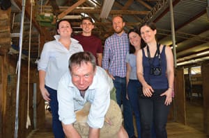 Andrew Davis of Demondrille Merino Stud shows visitors on Tuesday from Australian Wool Innovation (AWI) Emily King, Mark Scott, John Nash, Natasha Hall, and Angi Domsitz from the United States, some of the finest wool that the stud produces. The Stud is holding a Field Day on Friday.