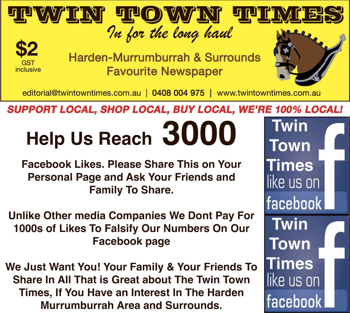 3000 Likes Needed For Facebook Page – 138 To Go – $300 Donation For Highest Voted Local Charity Awaits