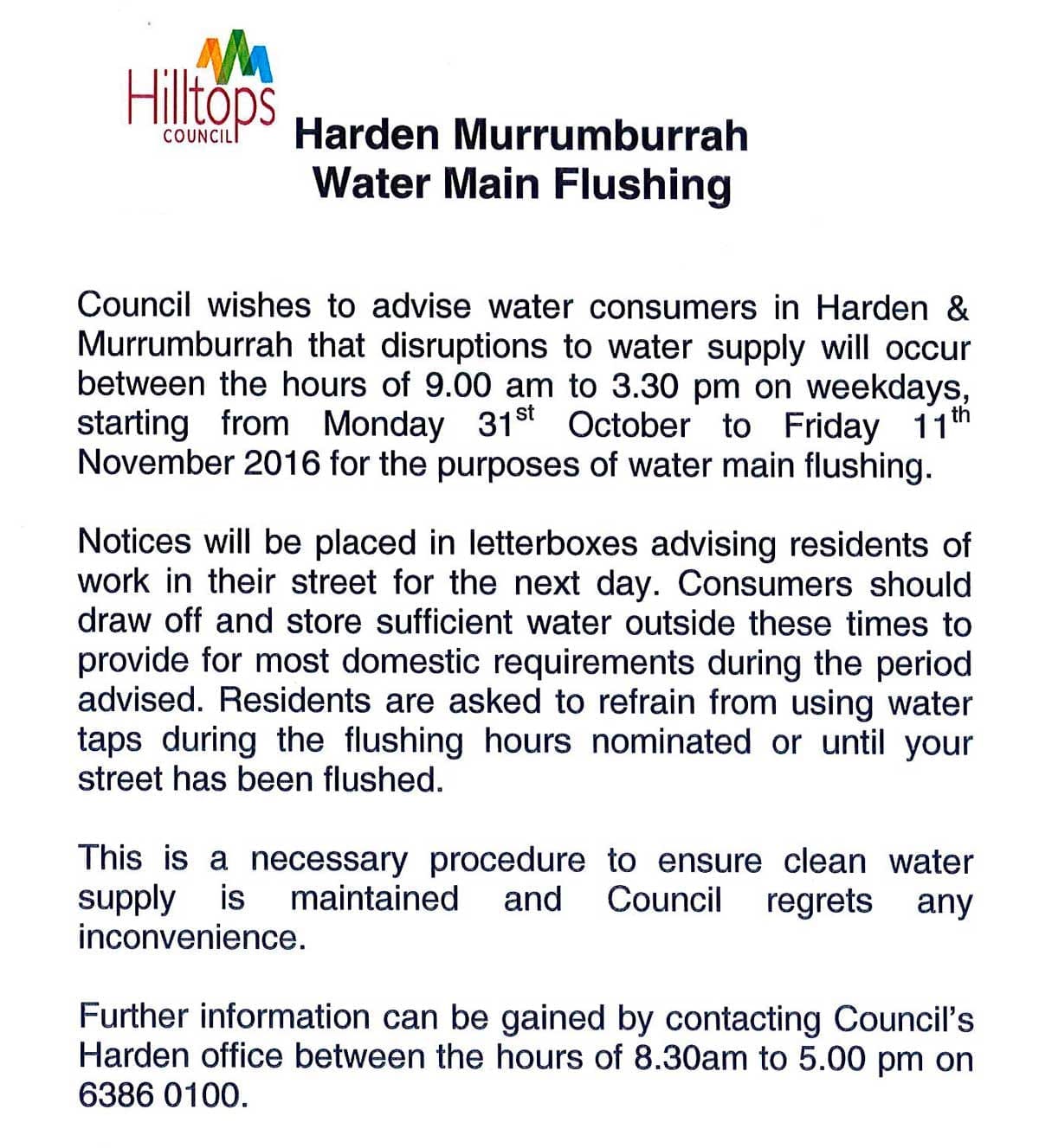 Harden Murrumburrah Water Mains Flushing – Hilltops Council Media Release