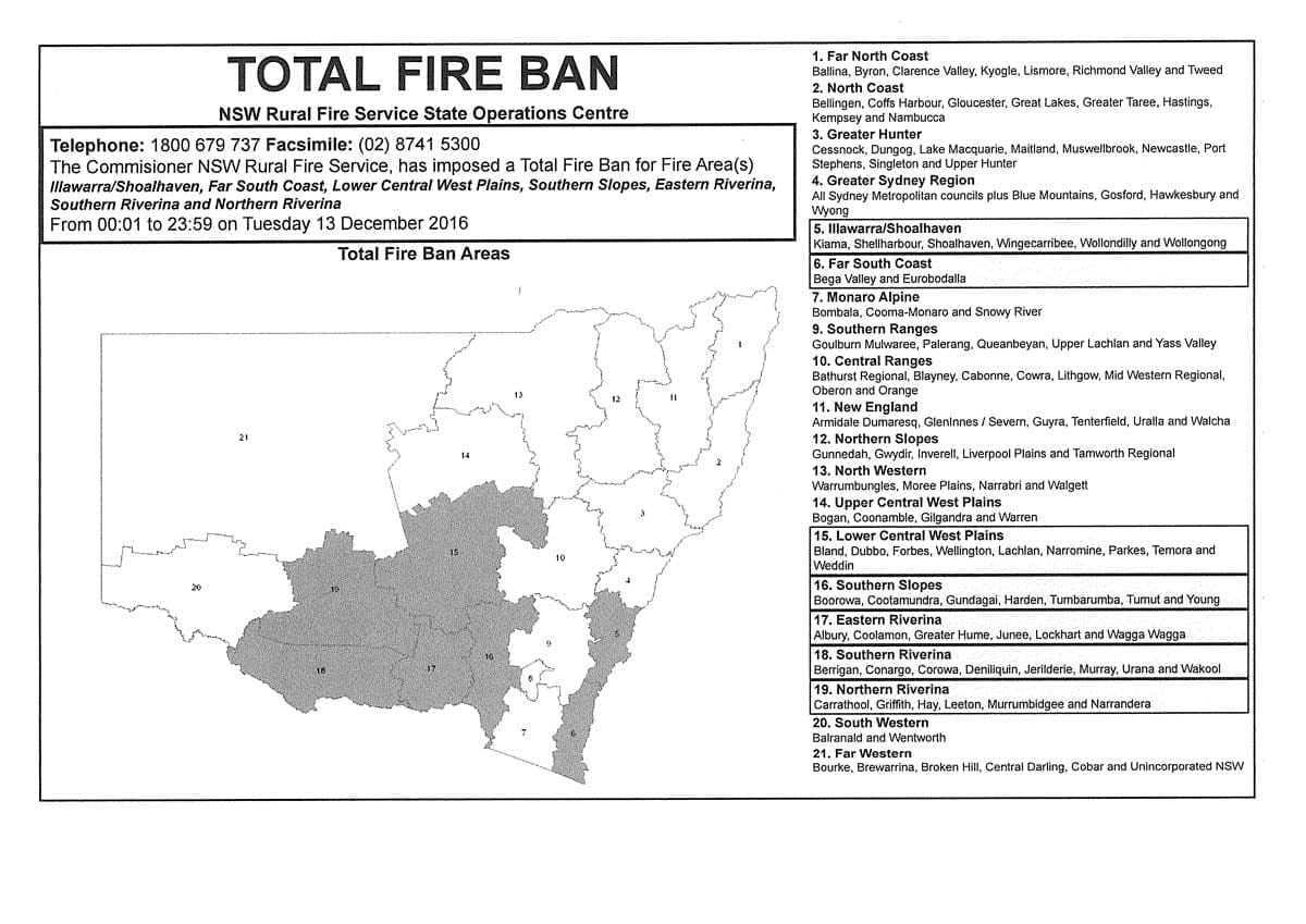 Total Fire Ban For Harden Tuesday December 13.