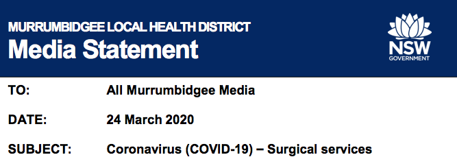 Tuesday March 24 Update – There have been no further cases of COVID-19 identified in the Murrumbidgee Local Health District since Sunday’s announcement.