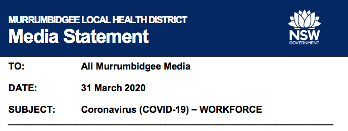 As of 8.00 am 31 March 2020 There have been a further 4 cases of COVID-19 identified in the Murrumbidgee Local Health District (MLHD) taking the total number of positive COVID-19 results to 34.